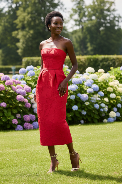 Strapless Jacquard Midi Dress with Pleated Waist