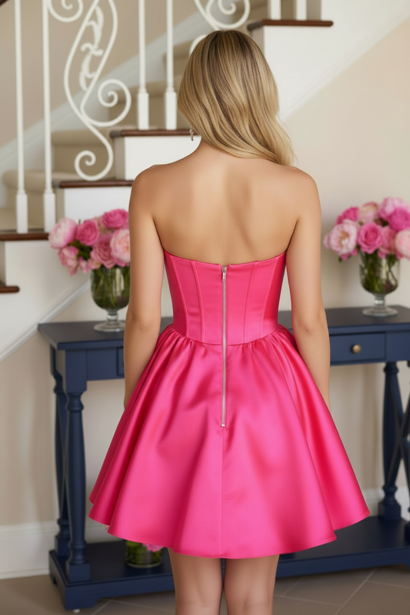 Strapless Corset Satin Mini Dress with Pearl Bow