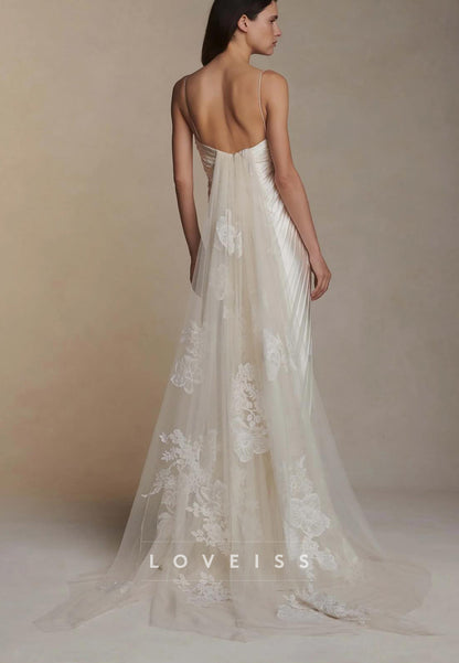 Pleated Satin Slip Wedding Dress with Lace Appliques