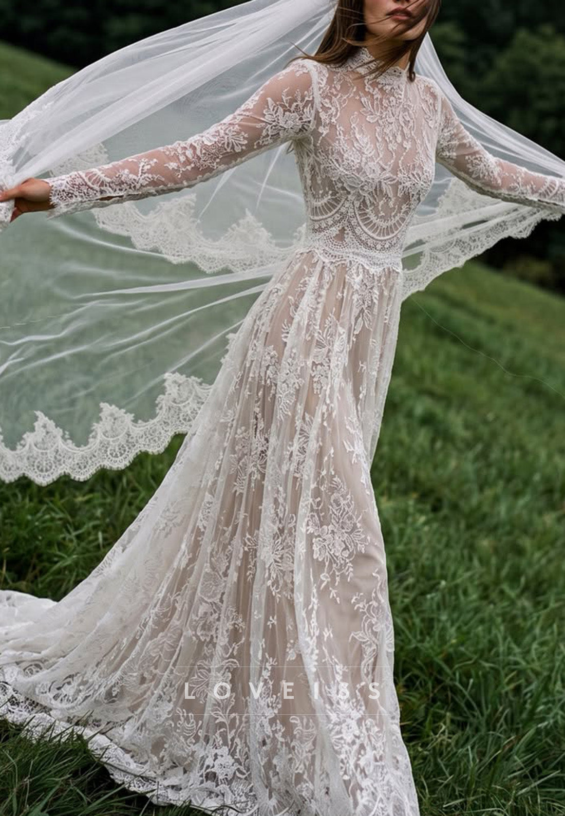 High Neck Lace Long Sleeve Wedding Dress