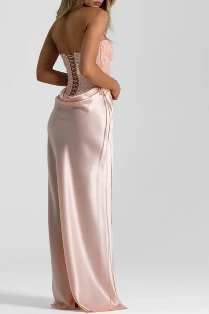 Strapless Beaded Corset Gown with Draped Satin Skirt
