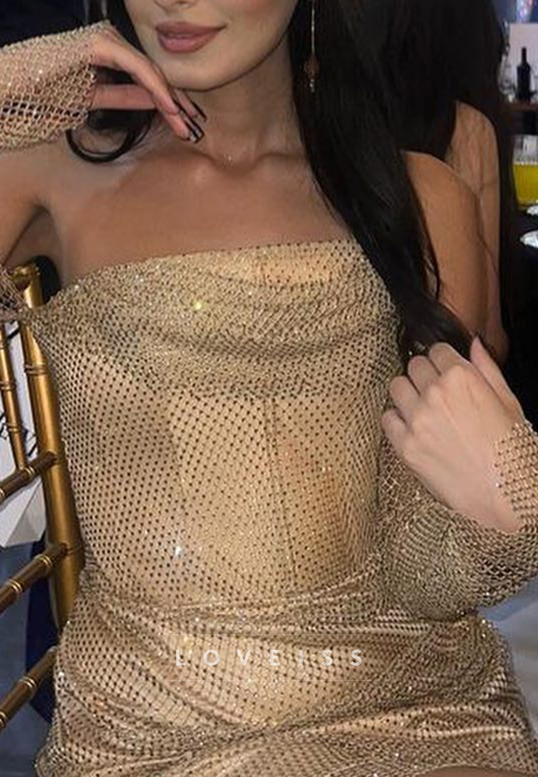 Strapless Rhinestone Mesh Long Sleeve Mini Dress