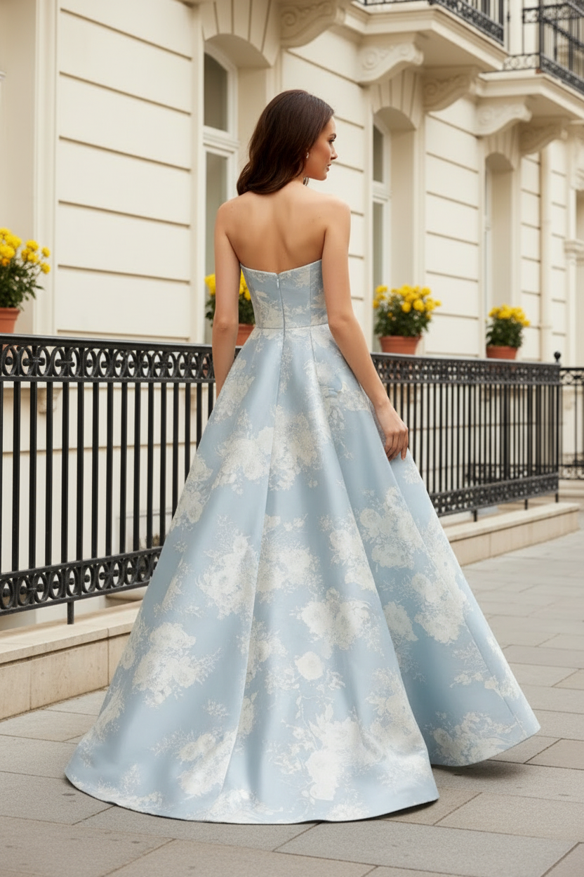 Strapless Floral Jacquard Pleated Ball Gown