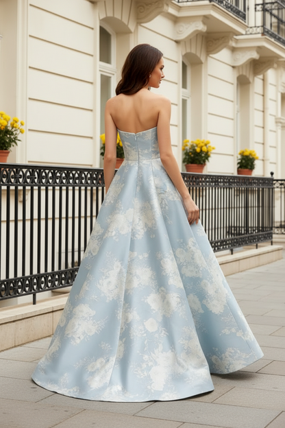 Strapless Floral Jacquard Pleated Ball Gown