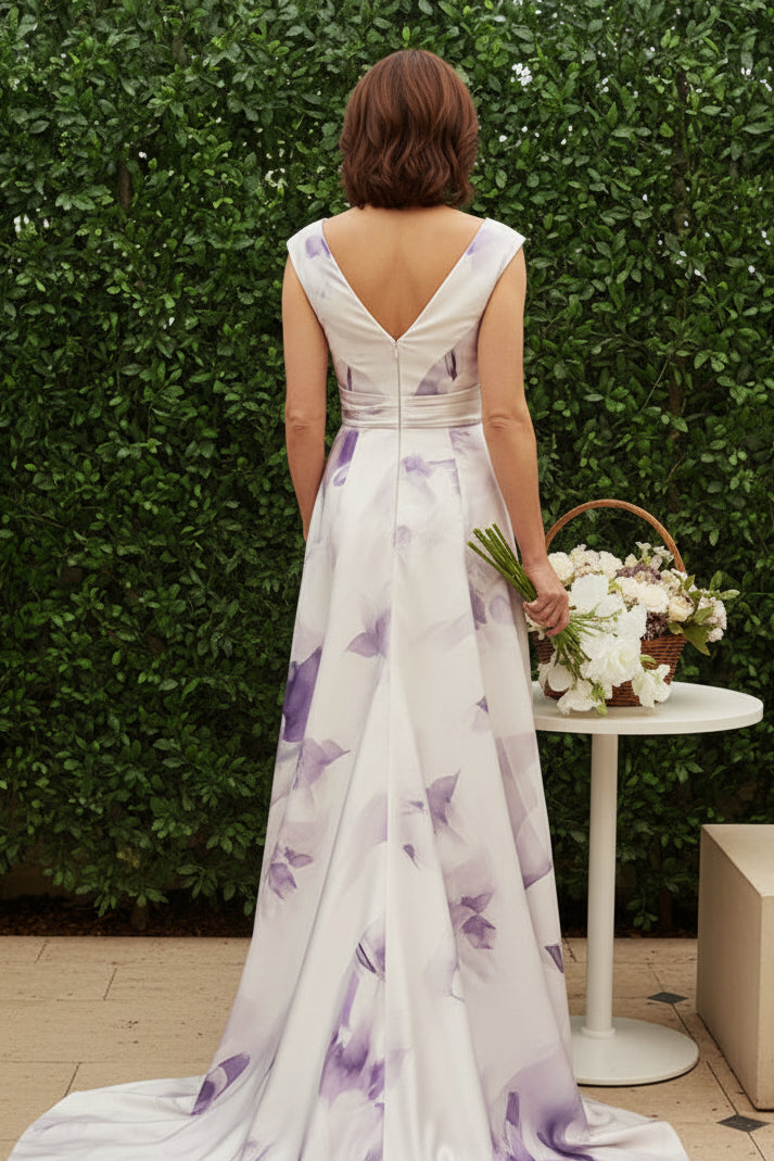 Bateau Neck Floral Printed A-Line Evening Gown