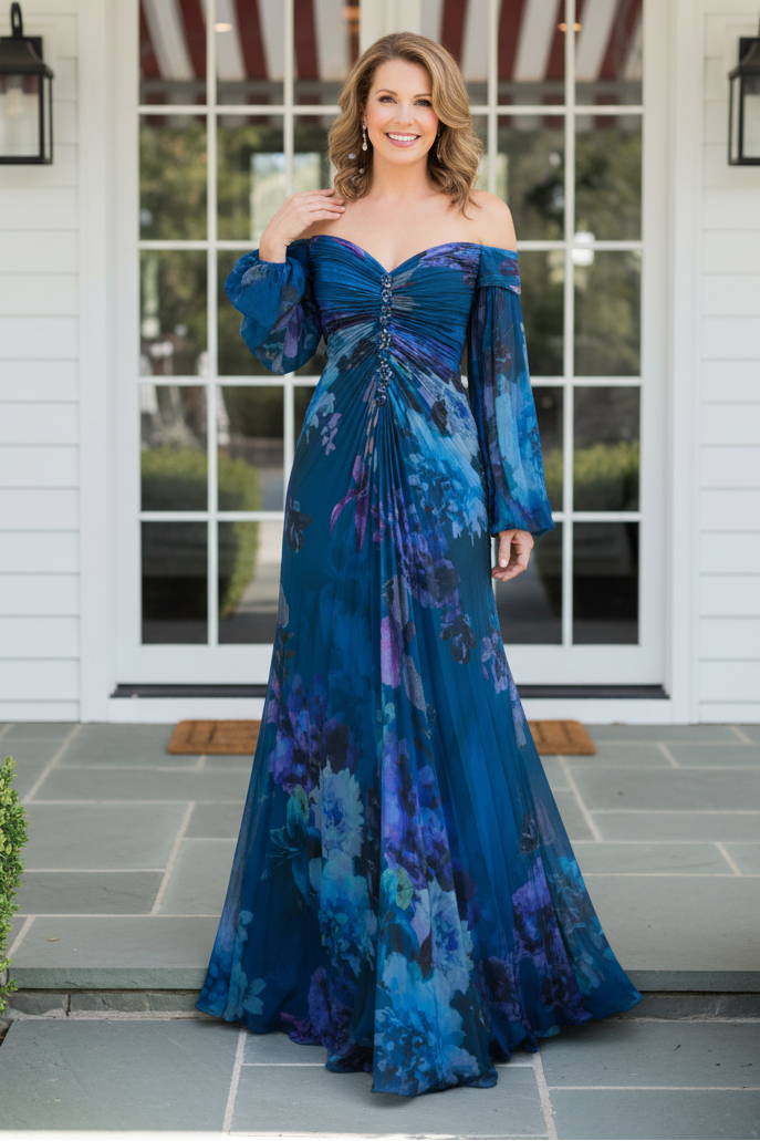 Off-the-Shoulder Pleated Floral Evening Gown