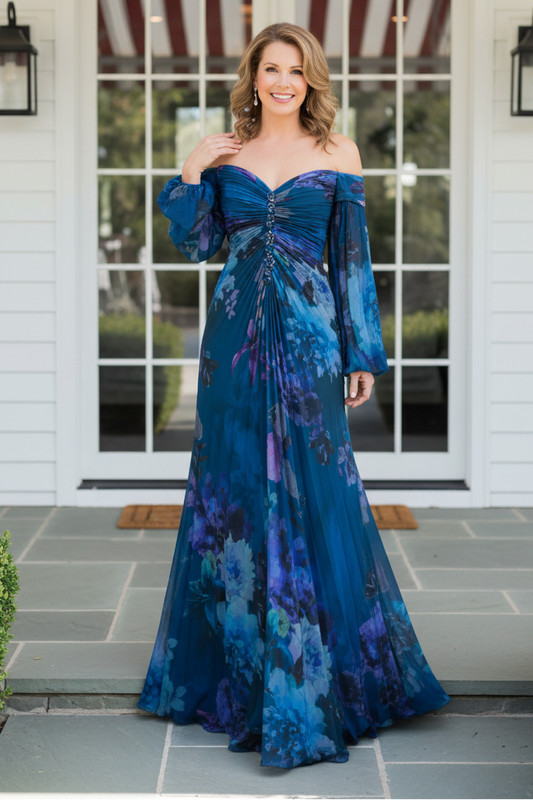 Off-the-Shoulder Pleated Floral Evening Gown