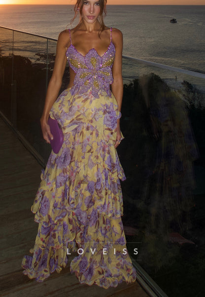 Beaded Flower Bodice Tiered Maxi Dress