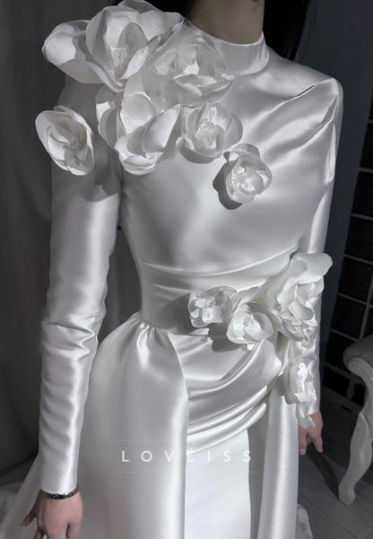 High Neck Satin A-Line Wedding Dress with 3D Flowers