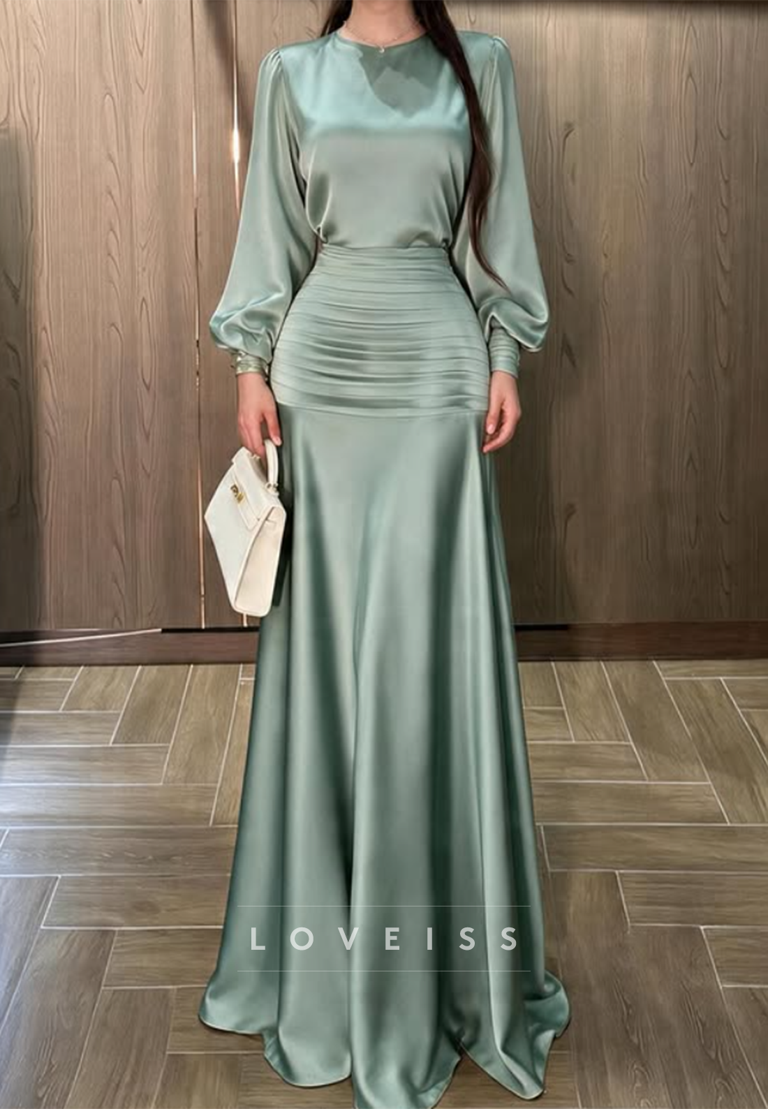 Ruched Drop-Waist Satin Maxi Dress with Long Sleeves