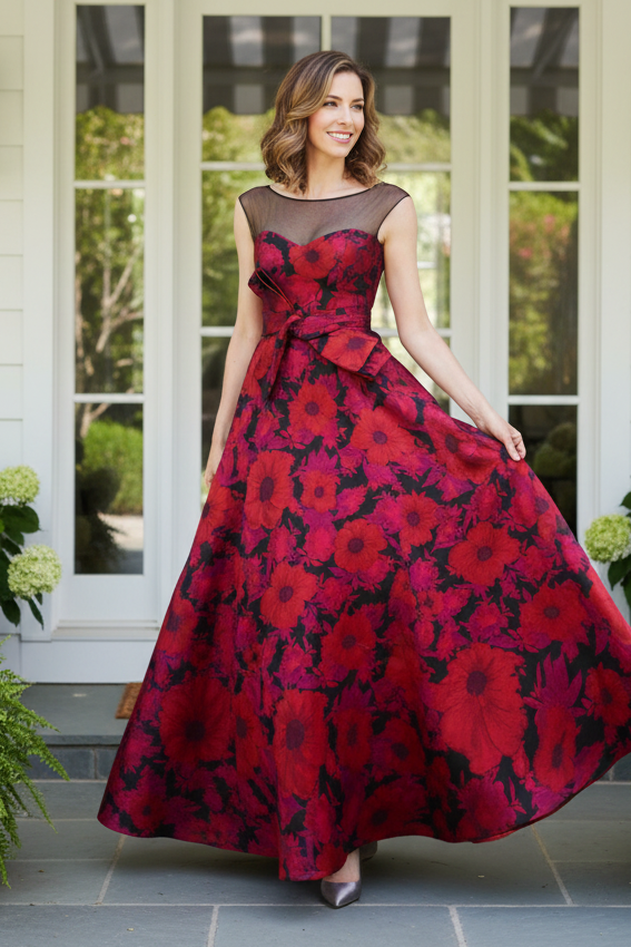 Floral Jacquard A-Line Evening Gown with Pockets