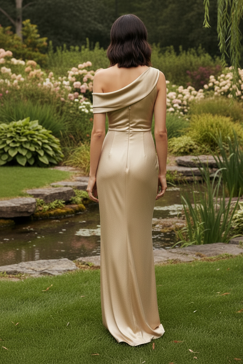 One-Shoulder Metallic Ruched Gown