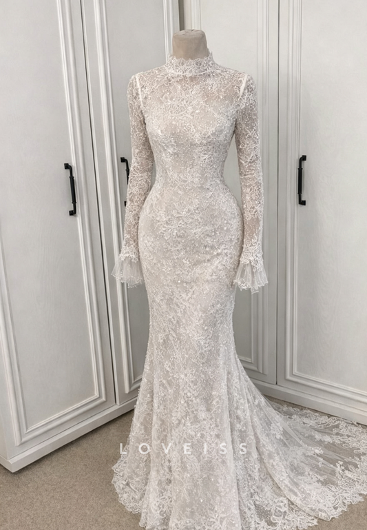 Long Sleeve Lace Mermaid Wedding Dress High Neck