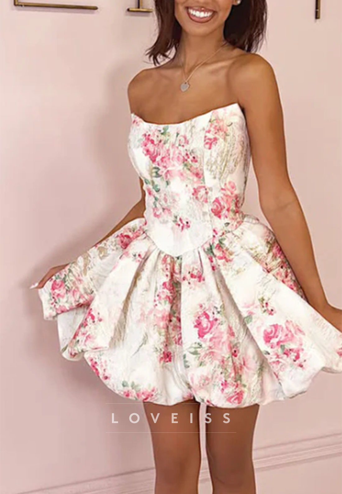 Strapless Floral Jacquard Corset Bubble Mini Dress