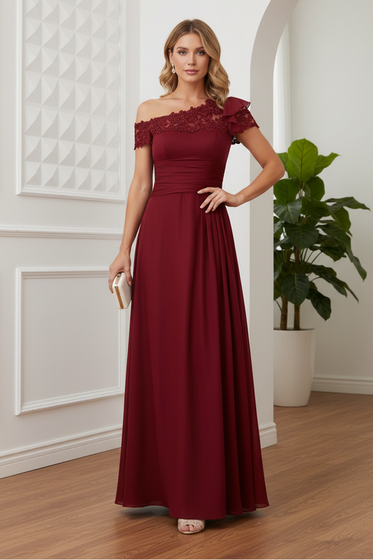 One Shoulder Lace Bodice Ruched Chiffon Maxi Gown