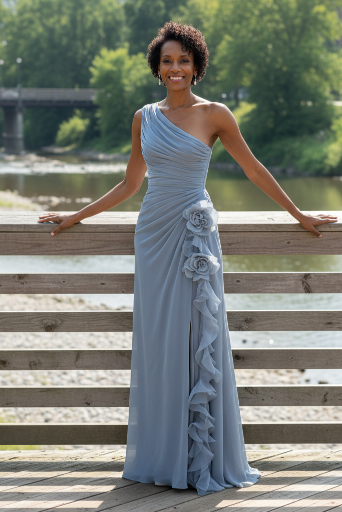 One-Shoulder Ruched Chiffon Gown with 3D Flowers