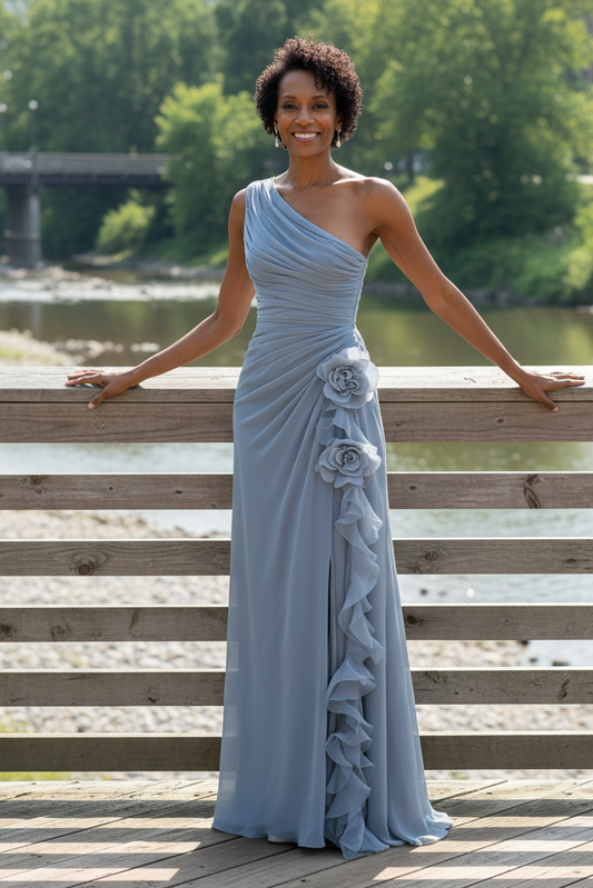 One-Shoulder Ruched Chiffon Gown with 3D Flowers