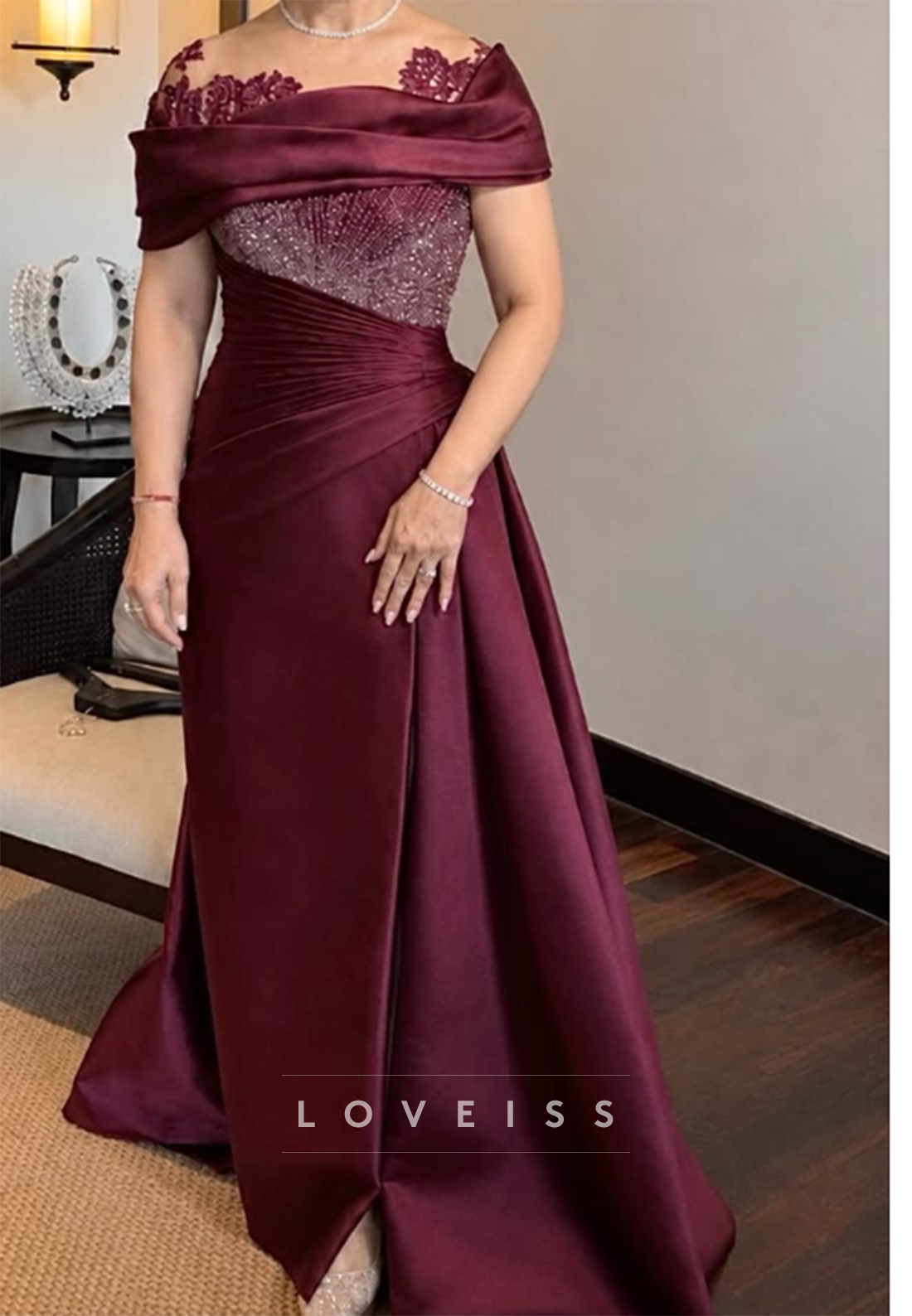 Ruched Beaded Off-the-Shoulder Evening Gown