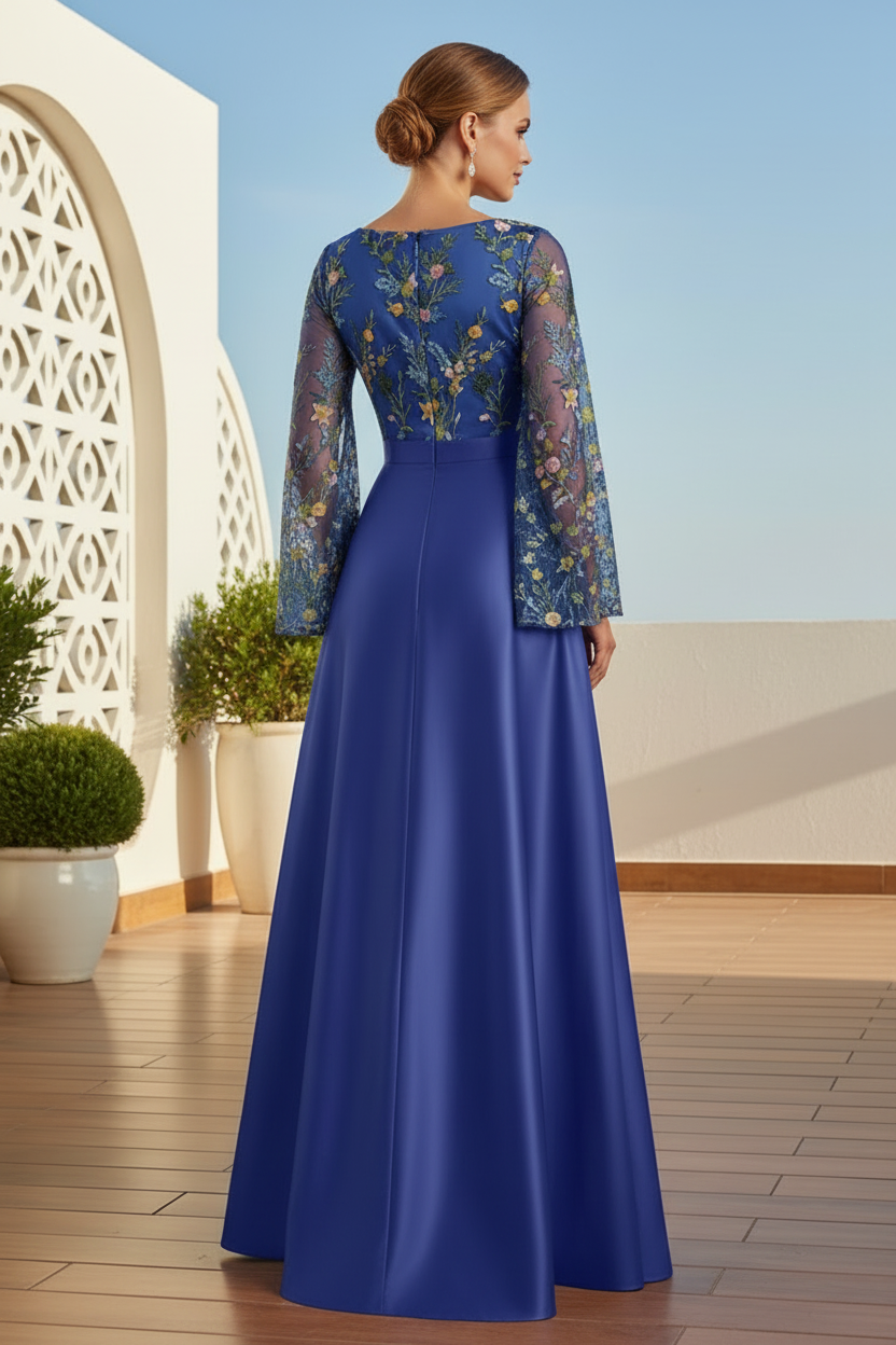 Embroidered Bell Sleeve A-Line Evening Gown