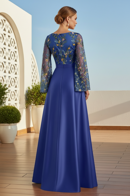 Embroidered Bell Sleeve A-Line Evening Gown