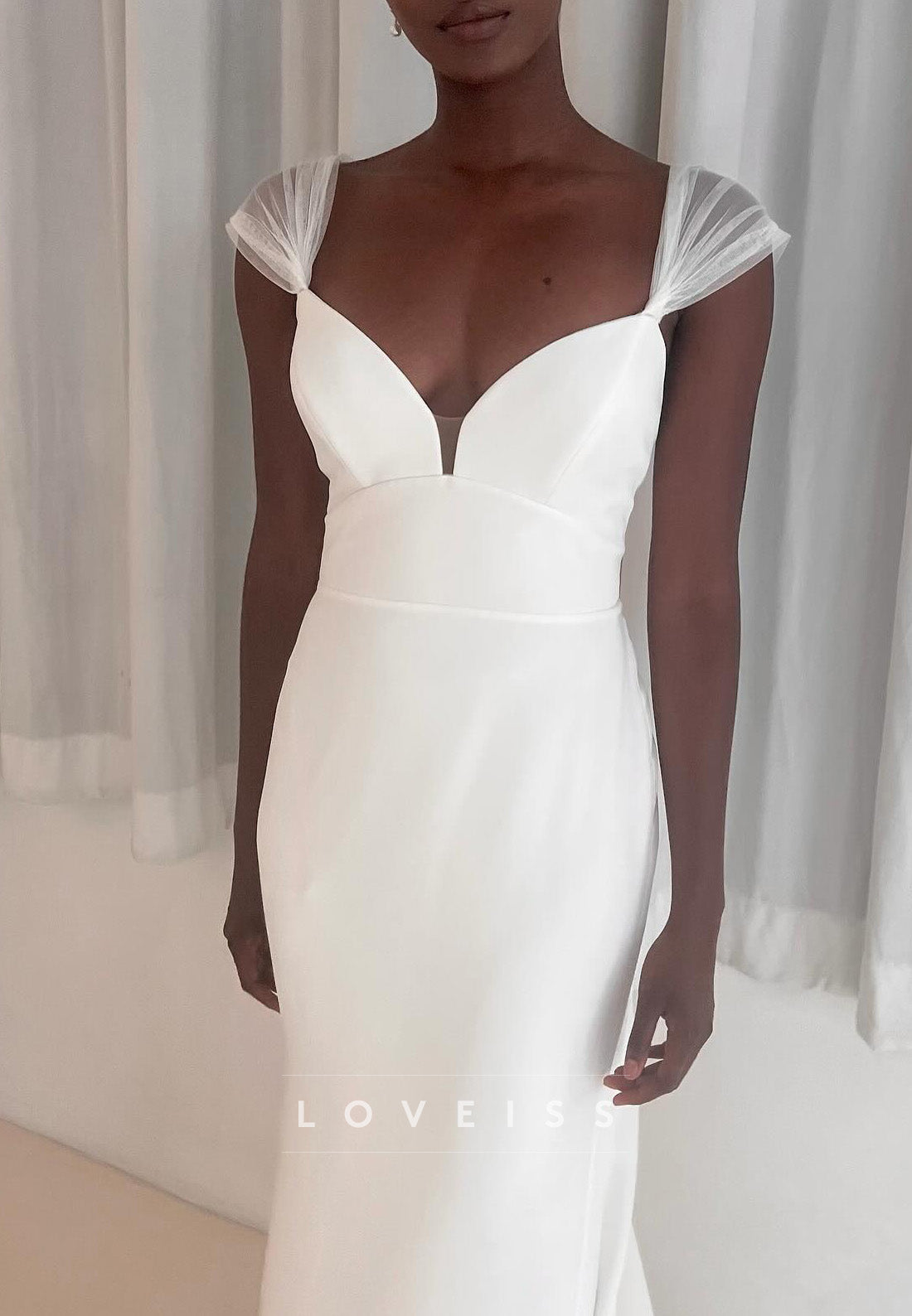 Tulle Cap Sleeve Wedding Dress with Deep V Notch