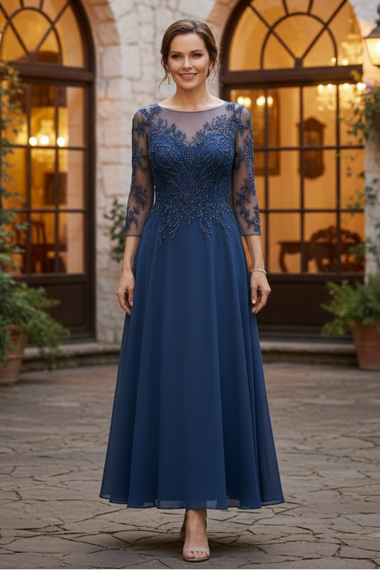 Illusion Neckline Beaded Tea-Length Chiffon Dress