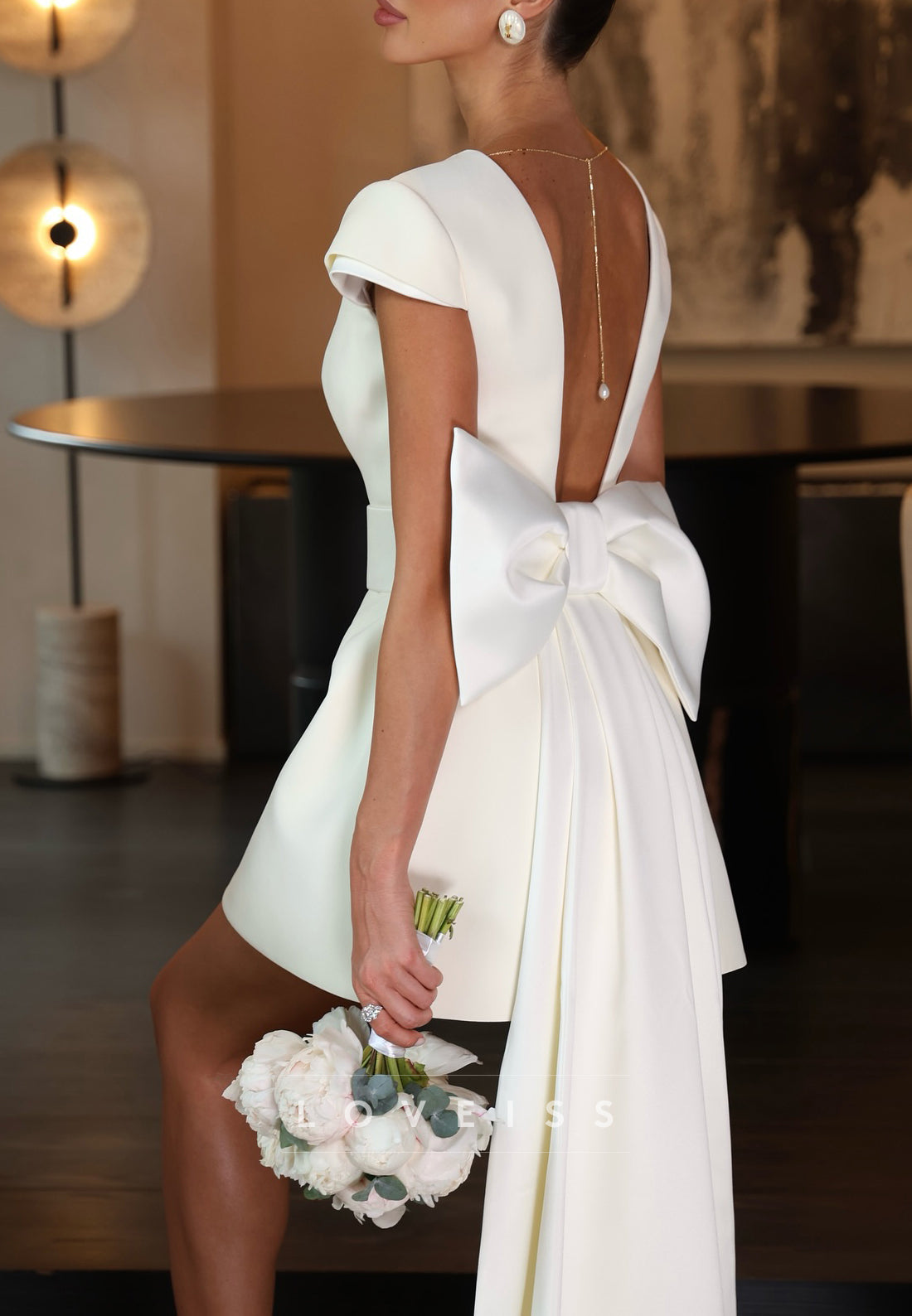 Mini A-Line Wedding Dress with Back Bow and Train