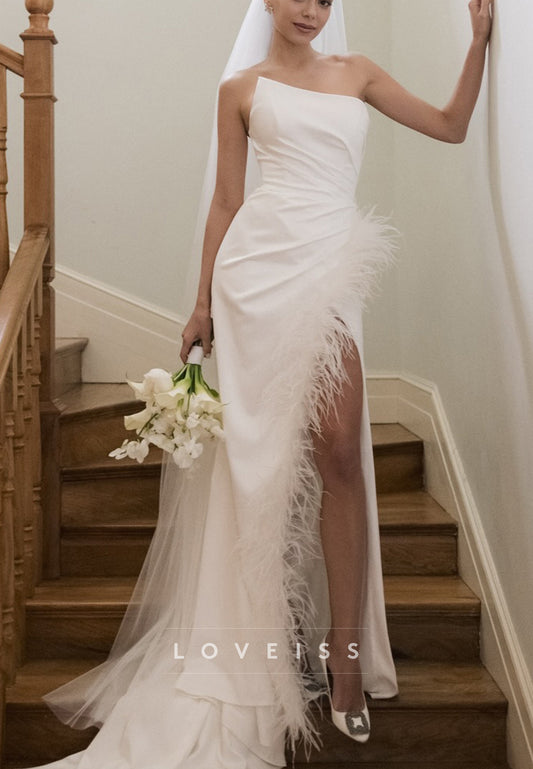 One Shoulder Feather Trim Satin Sheath Wedding Dress
