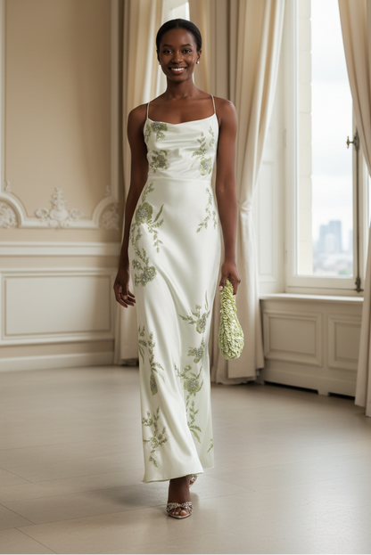 Embroidered Satin Slip Gown with Crisscross Back
