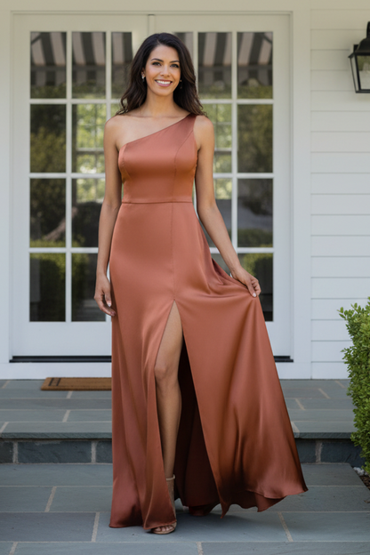 Asymmetrical One-Shoulder Satin Gown with High Slit