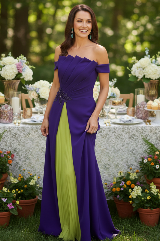 Asymmetrical Off-the-Shoulder Pleated Evening Gown