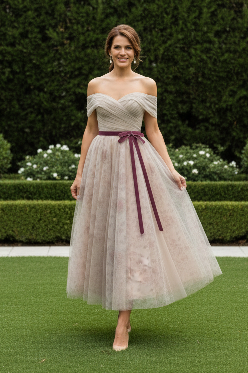 Off-The-Shoulder Tulle Tea-Length Dress