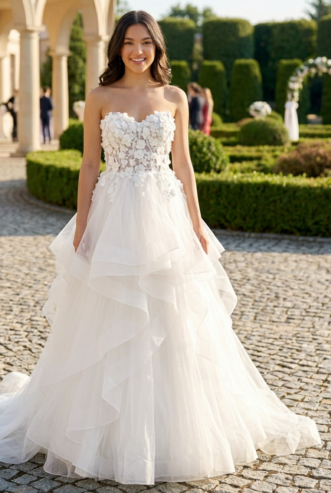 Strapless Beaded Bodice Cascading Ruffle Gown