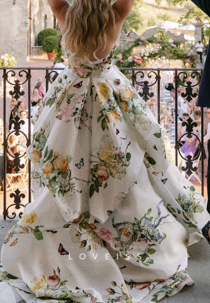 Floral Strapless Ball Gown with Peplum Drape
