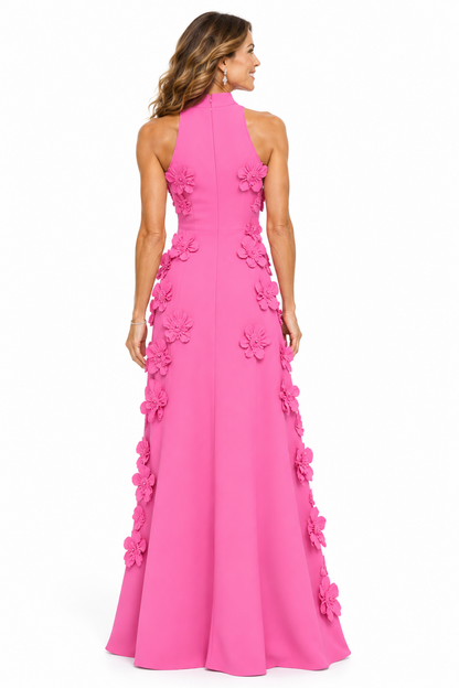 High Neck Sleeveless 3D Floral Maxi Dress