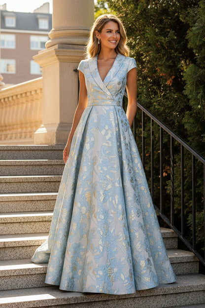 Jacquard A-Line Evening Gown with Cap Sleeves