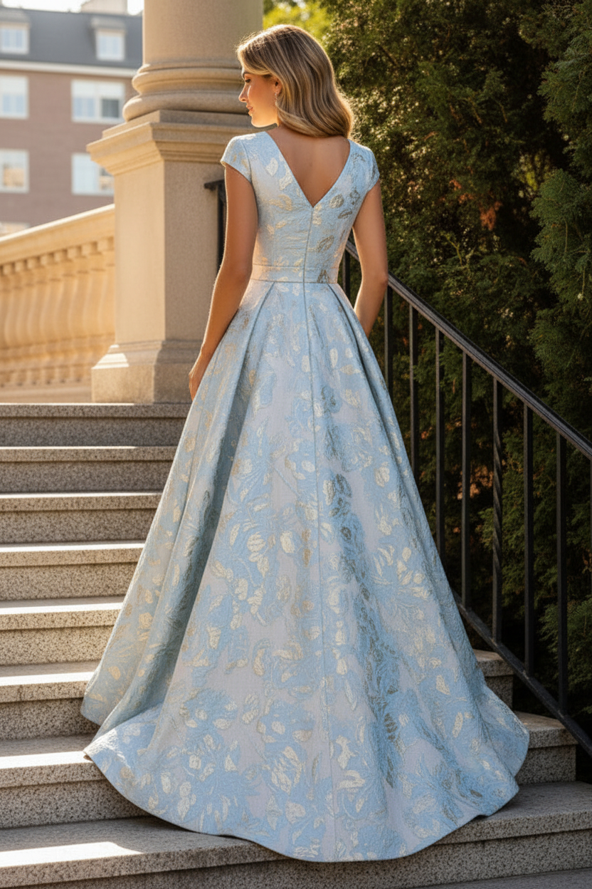 Jacquard A-Line Evening Gown with Cap Sleeves