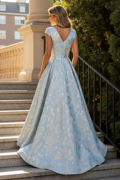Jacquard A-Line Evening Gown with Cap Sleeves