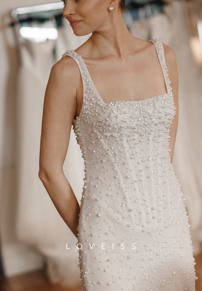 Pearl Beaded Mermaid Wedding Gown with Open Back
