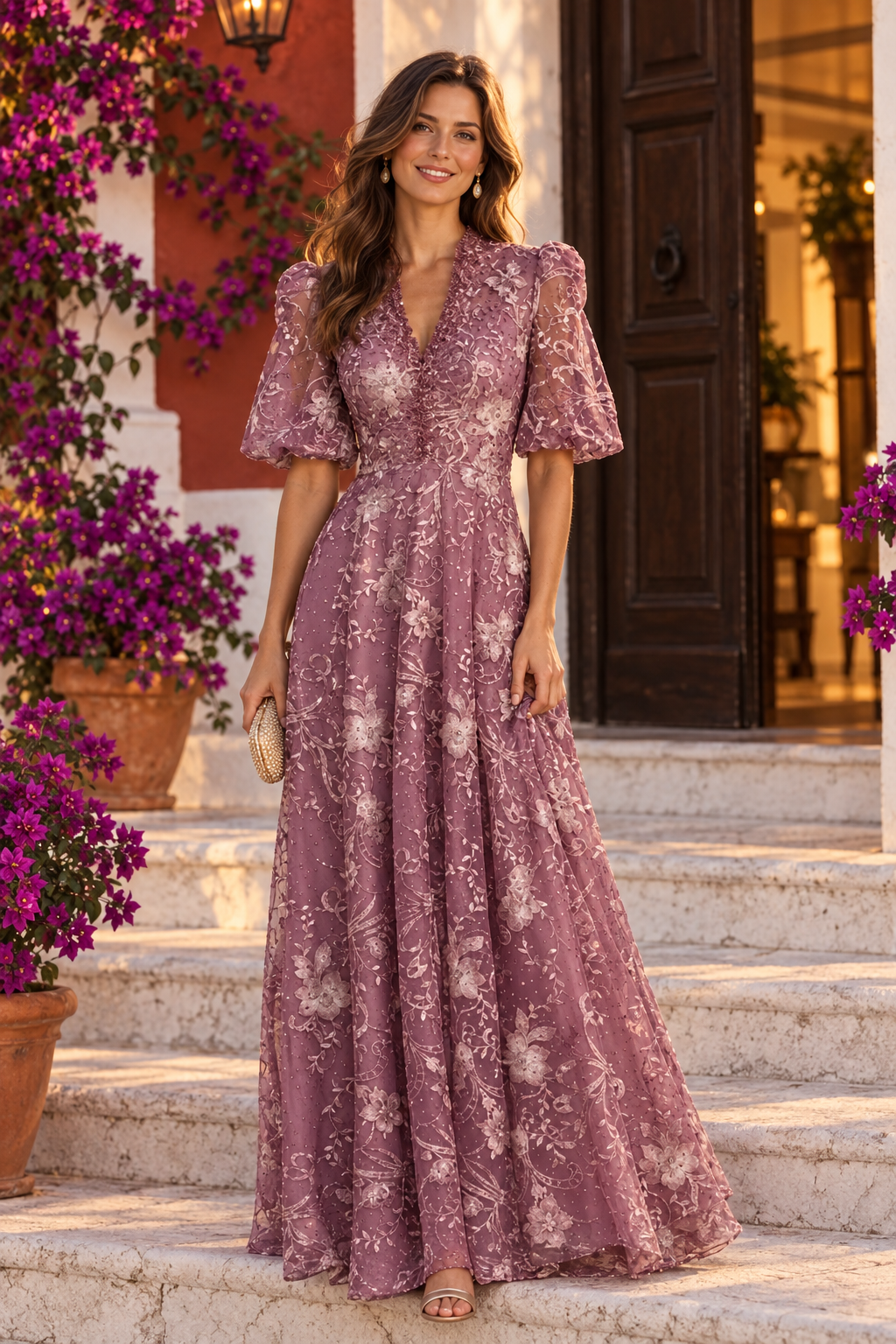Floral Embroidered A-Line Gown with Puff Sleeves