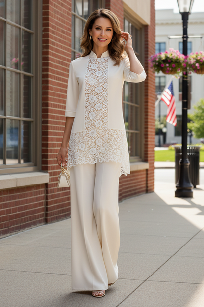 Elegant High Neck Lace Panel Pantsuit