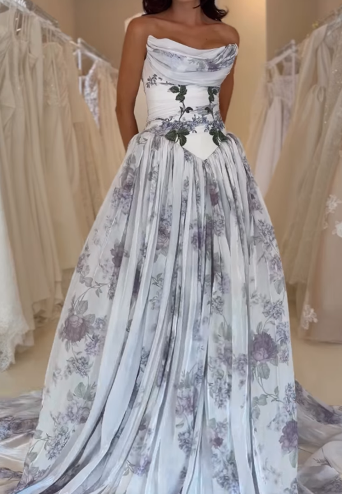 Strapless Floral Print Ball Gown Gown