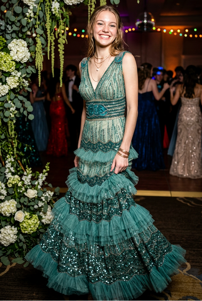 Sequined Tiered Tulle Ruffle Maxi Dress
