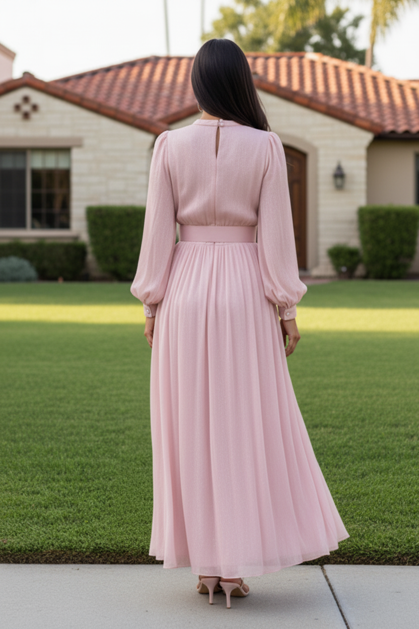 Keyhole Neck Long Sleeve Pleated Maxi Dress with Belt