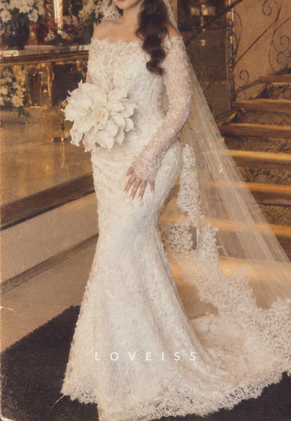 Off-the-Shoulder Long Sleeve Lace Mermaid Wedding Dress