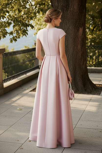 Beaded High Neck Satin A-Line Gown with Pockets