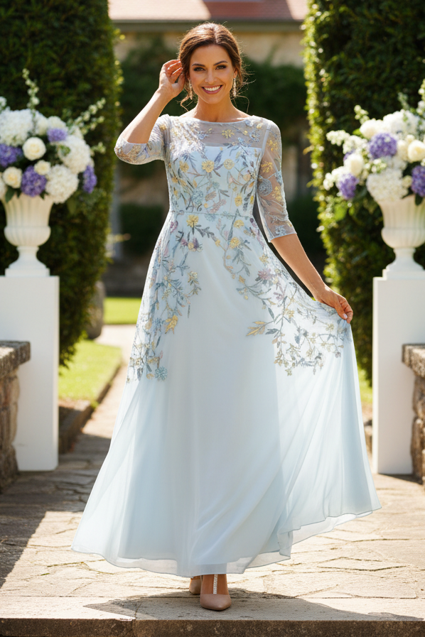 Floral Embroidered Illusion A-Line Maxi Dress