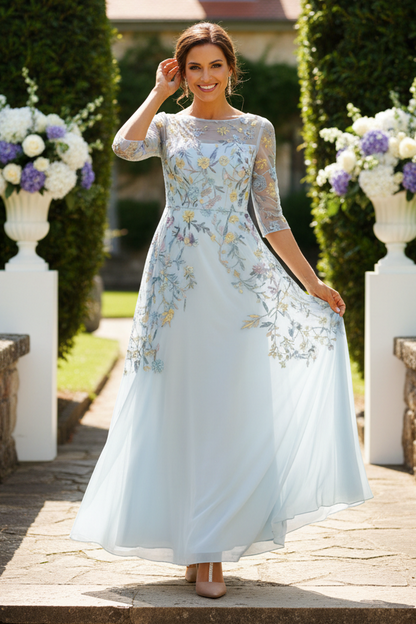 Floral Embroidered Illusion A-Line Maxi Dress