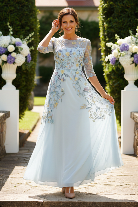 Floral Embroidered Illusion A-Line Maxi Dress
