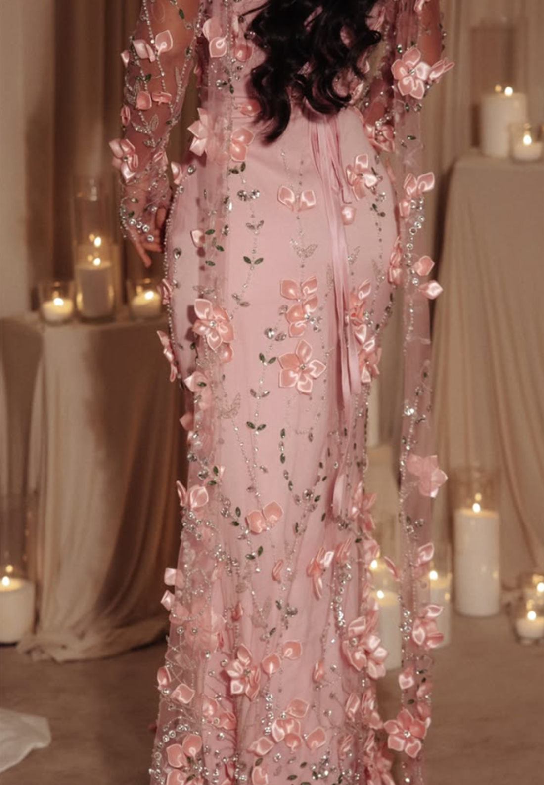 3D Floral Applique Illusion Long Sleeve Evening Gown
